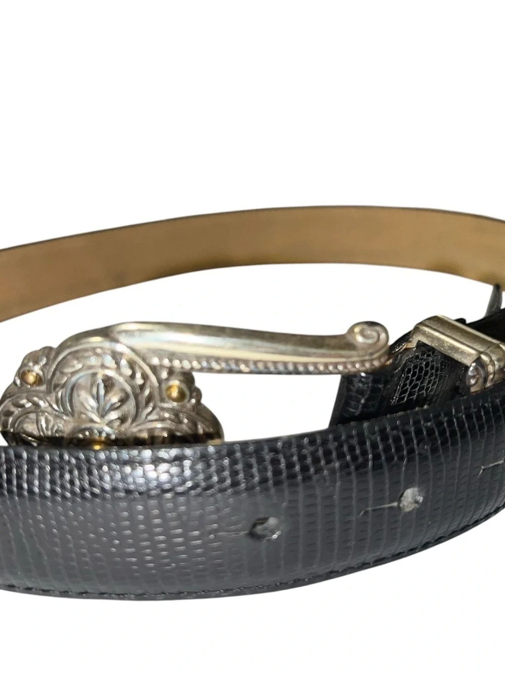 Brighton black snake skin style belt with intricate silver buckle.
